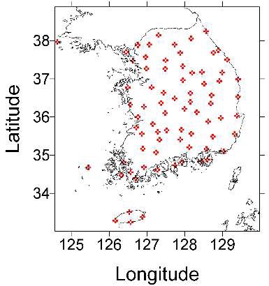 Figure 3.1.1. Location of 76 meteorological network stations over korean peninsular