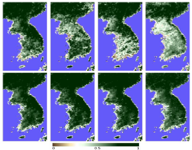 Fig. 3.2.11. Spatial distribution of original GIMMS NDVI (upper panel) and corrected NDVI (lower panel) for the selected four years over the Korean Peninsula