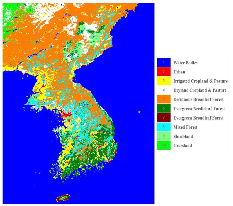 Fig. 3.2.22. Land cover map of the Korean peninsula classified in this study