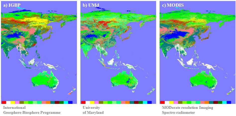 Fig. 3.2.24. Spatial distribution of the a) IGBP, b) UMd and c) MODIS land cover map which re-classified according to the IGBP legend code.