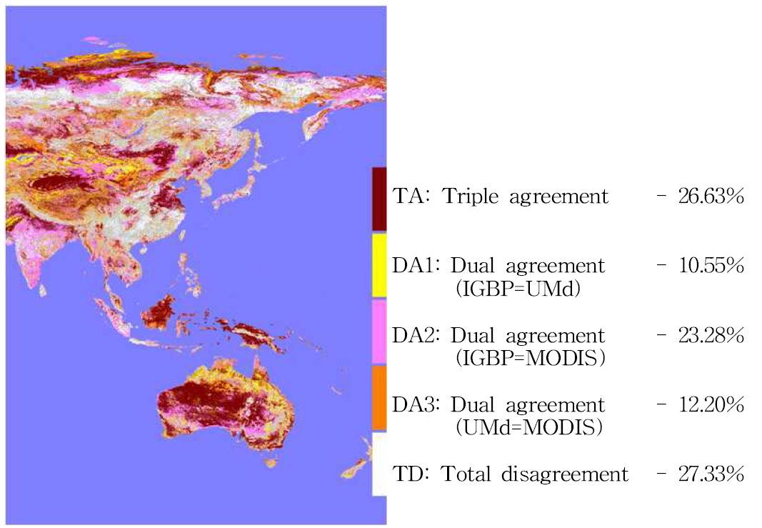Fig. 3.2.26. Spatial distribution of agreement status among the three land cover data sets