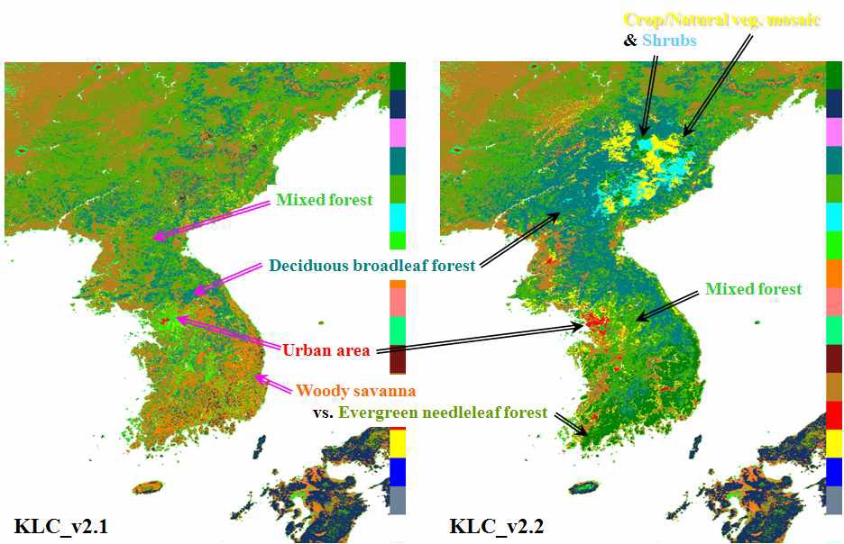 Fig. 3.2.29. Spatial distribution of KLC_EA_v1.0 East-Asia land cover map (left) and KLC_KO_v1.0 Korean peninsula land cover map (right).