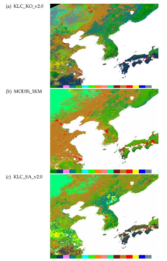 Fig. 3.2.35. Spatial distribution of the (a) newly classified land cover map (KLC_KO_v2.0), (b) MODIS 1KM land cover map and (c) KLC_EA_v2.0 land cover map.