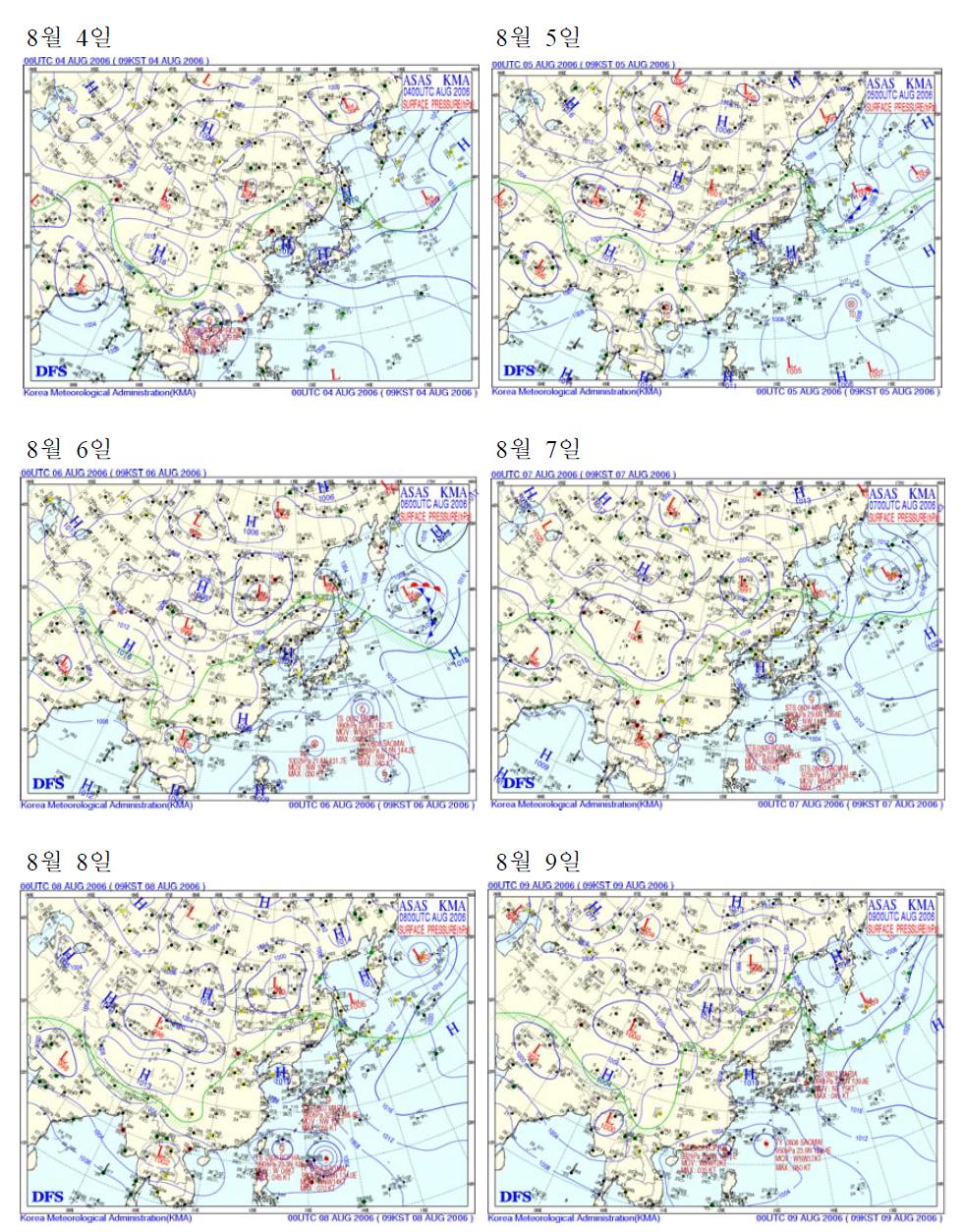 모델링기간(2006년 8월 4일~9일) 0900 LST의 기상청 지상일기도