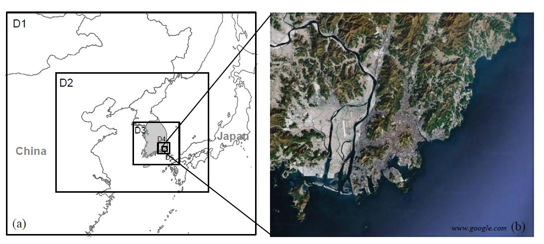 5개로 구성된 WRF 모델링 영역(a)과 최종 모델링 영역인 부산지역(b)