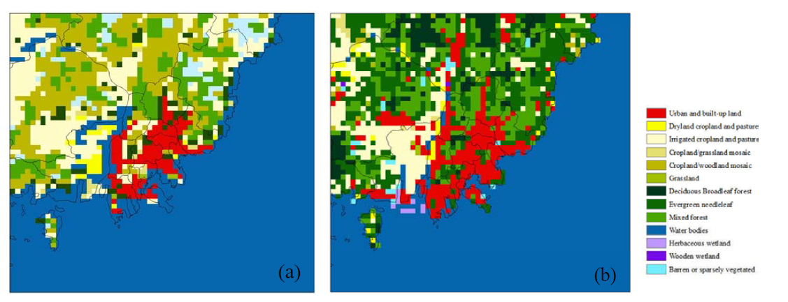 WRF 모델링 영역(도메인 5, 부산지역)에 적용된 격자별 대표 토지피복 (a)LU-USGS와 (b)LU-EGIS