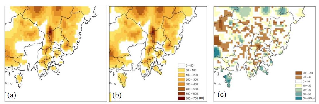 WRF 모델링영역(도메인 5, 부산지역)에 적용된 격자별 지형고도 (a)TOPO-USGS, (b)TOPO-SRTM, (c)TOPO-USGS와 TOPO-SRTM 차이 (TOPO-SRTM에서 TOPO-USGS를 뺀 값)