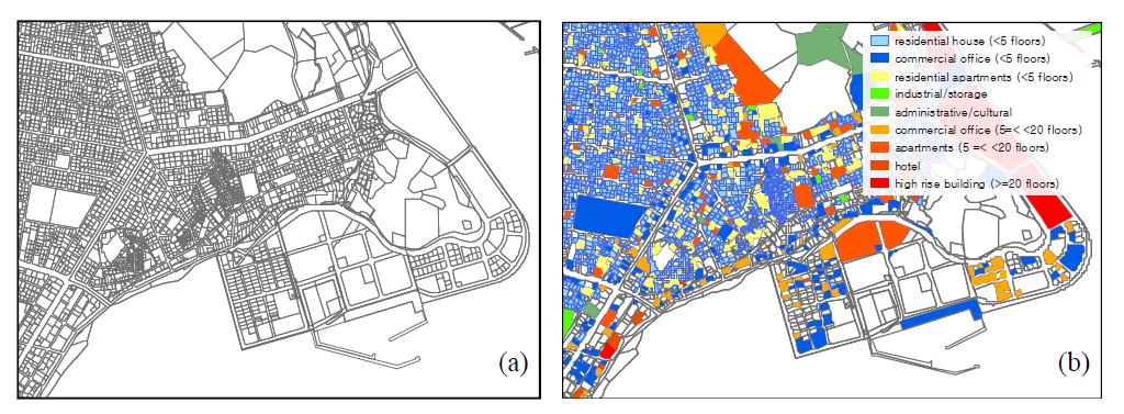 (a)부산 행정지적도와 (b)완성된 3차원 건축물 분포의 예 (부산 수영)
