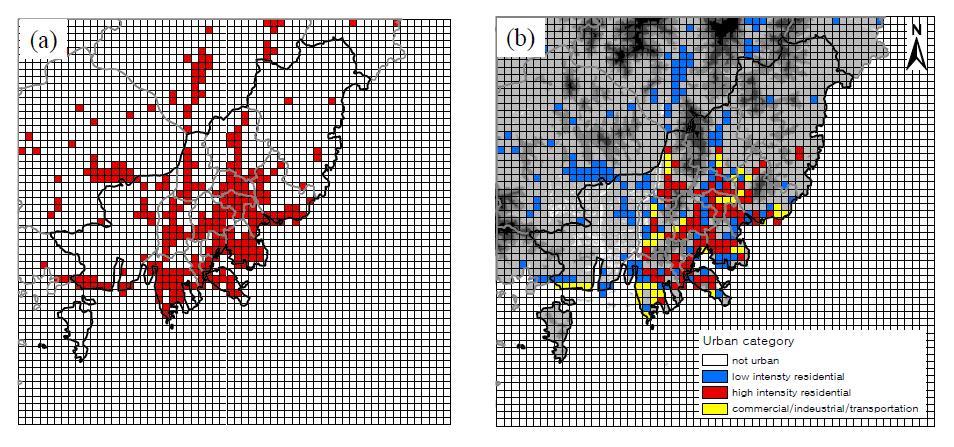 (a)LU-EGIS에서 도시영역으로 정의된 격자(붉은색)와 (b)WRF-UCM의 도시영역 하위카테고리로 정의된 격자(파란색: Low intensity residential, 붉은색: High intensity residential, 노란 색: Commercial/Industrial/Transportation)
