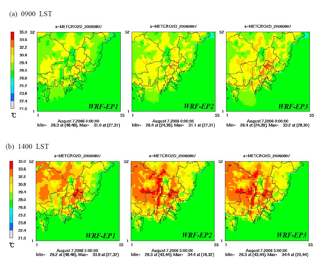 WRF-EP1, WRF-EP2, WRF-EP3에서 계산된 (a)0900 LST와 (b)1400 LST의 지표 기온(2 m)의 수평분포