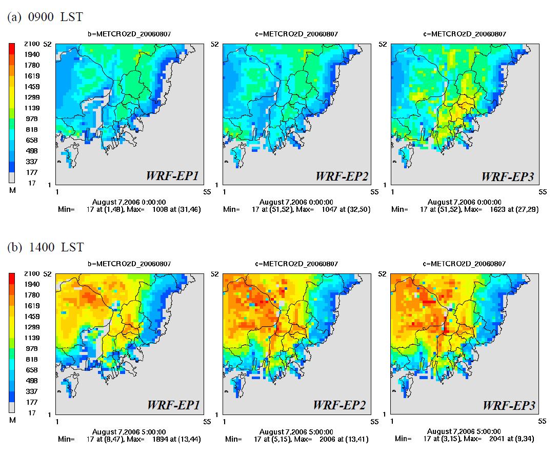 WRF-EP1, WRF-EP2, WRF-EP3에서 계산된 (a)0900 LST와 (b)1400 LST의 혼합고의 수평분포