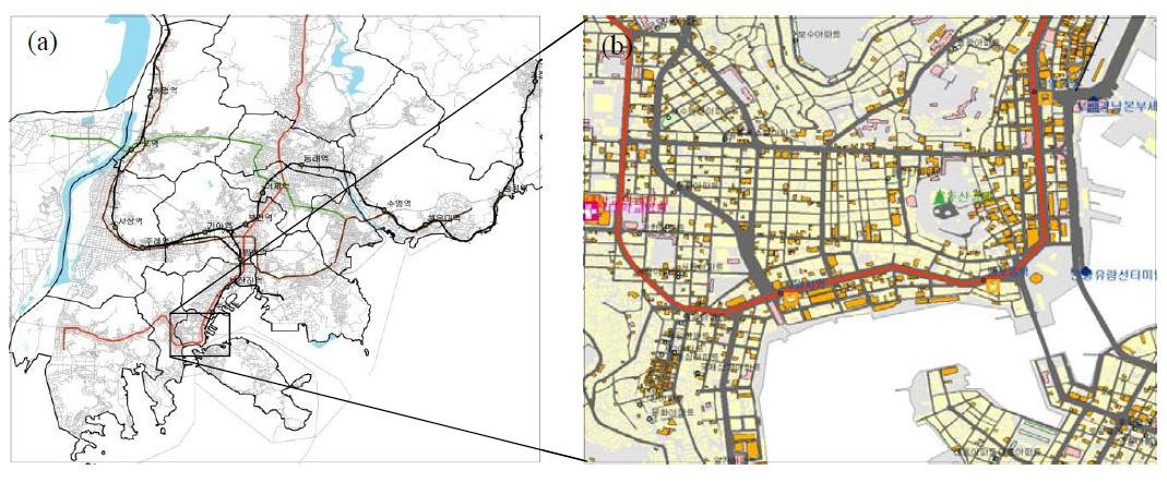 (a)부산지역과 (b)대청동의 주요 GIS 정보
