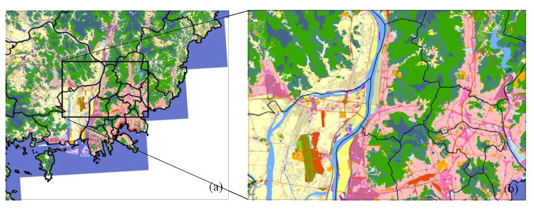 (a)부산지역과 (b)부산 도심의 환경부 중분류 토지피복지도