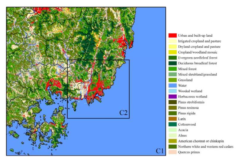 대기질 모델링이 수행될 경남지역(C1)과 부산지역(C2)에 대해 EGIS 토지피복 및 FGIS 식생 자료를 BEIS3의 토지피복 및 식생 코드로 재분류된 결과