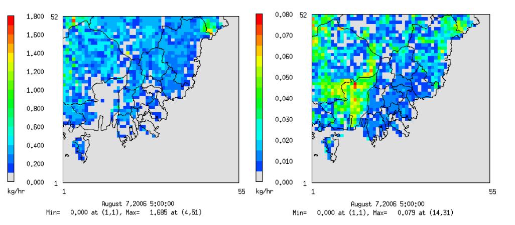 최종 산정된 부산지역 자연배출량의 수평분포(왼쪽: Isoprene, 오른쪽: NO)