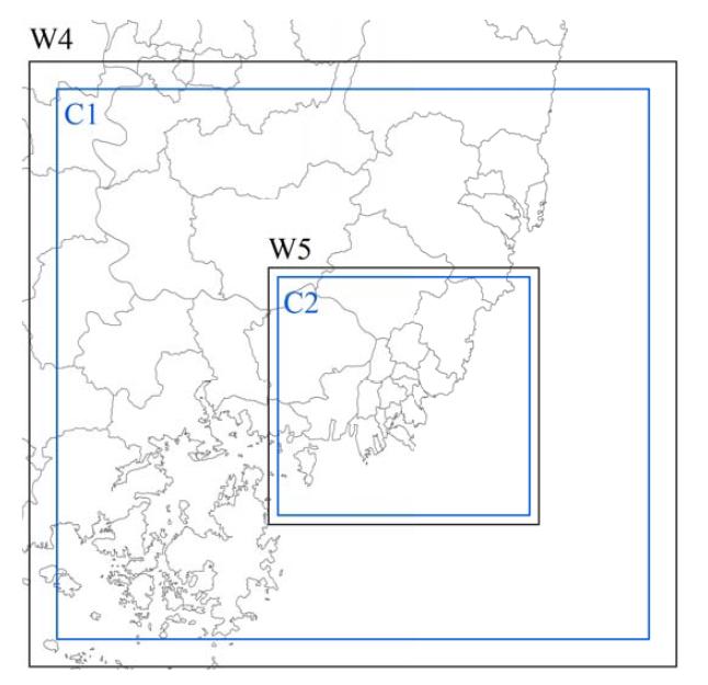 CMAQ 모델링 영역 (W: WRF 모델링 영역, C: CMAQ 모델링 영역)