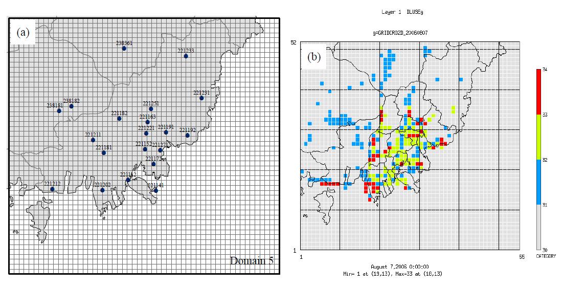 (a)CMAQ 결과(도메인 5) 통계검증에 사용된 대기질 측정망과 (b)WRF-UCM에 적용된 격자별 도시영역 하위카테고리 정보
