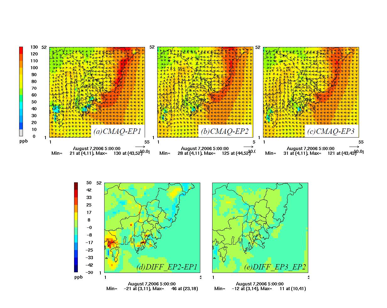 (a)CMAQ-EP1, (b)CMAQ-EP2, (c)CMAQ-EP3에서 계산된 2006년 8월 7일 14 LST의 오존의 수평분포와 각 실험별 차이