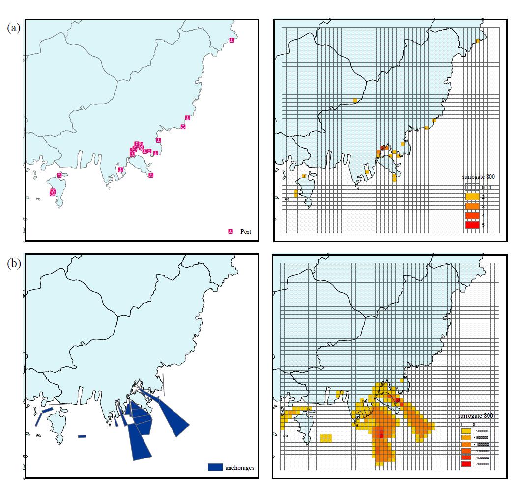 선박배출량의 격자별 배출량 계산에 사용되는 GIS 정보(왼쪽)와 공간할당계수(오른쪽) (a)수정 전 GIS 파일(항구)과 공간할당계수, (b)새로운 선박정박지 GIS 정보와 공간할당계수