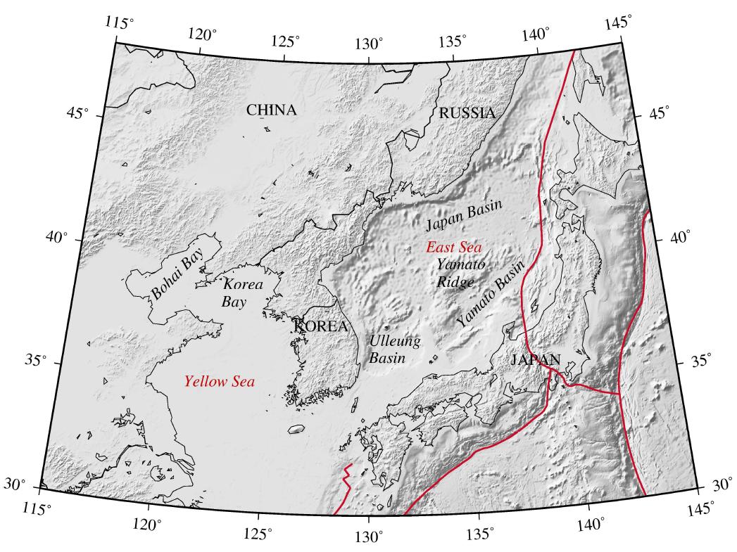 Map showing the Korean peninsula and surrounding regions. Major ridges and basins are presented with topographic map