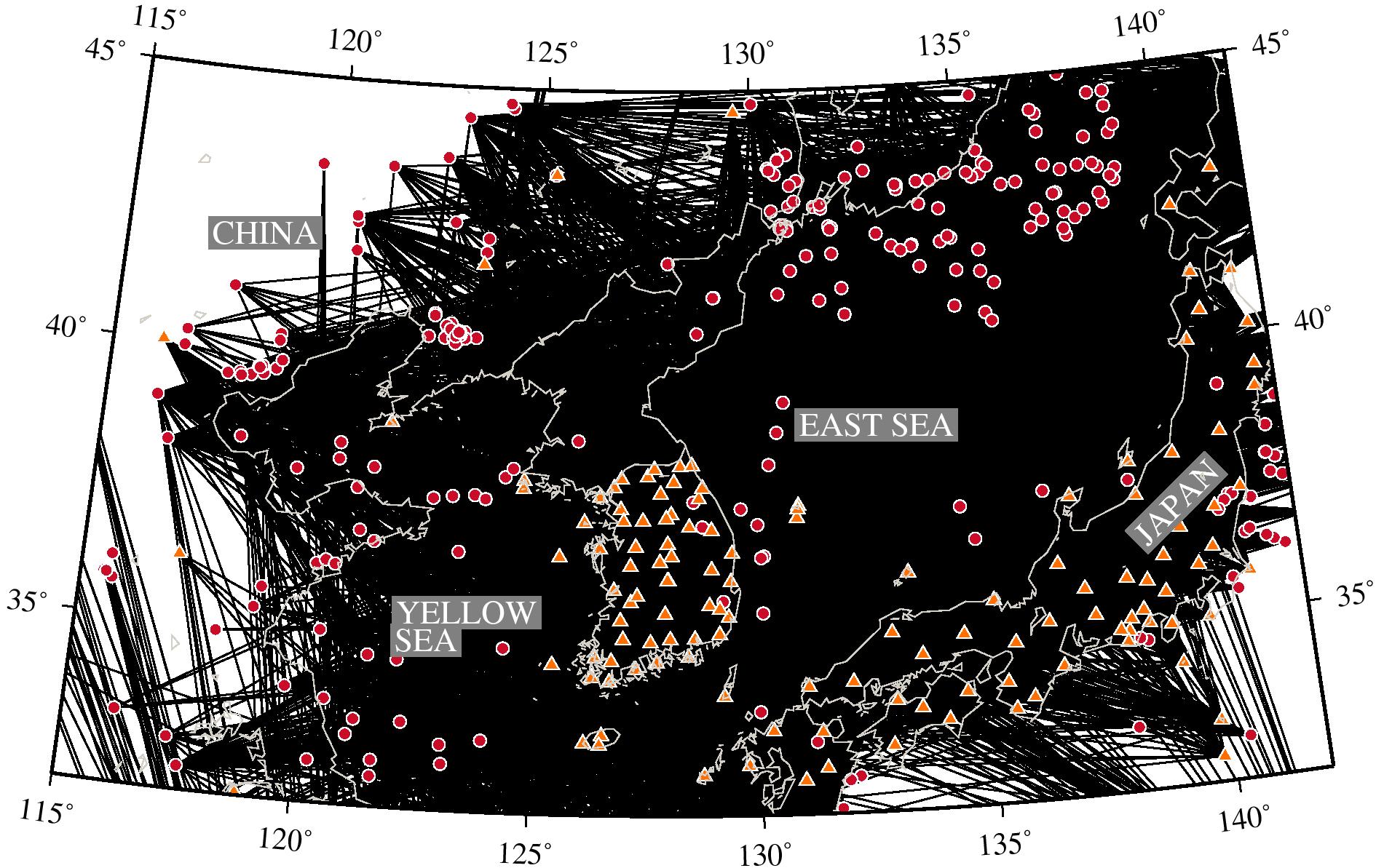 Map showing earthquake and station pairs for determination of velocity structure. Location of earthquakes are denoted by red circles and stations of KMA, NEID and IRIS are denoted by orange triangles.