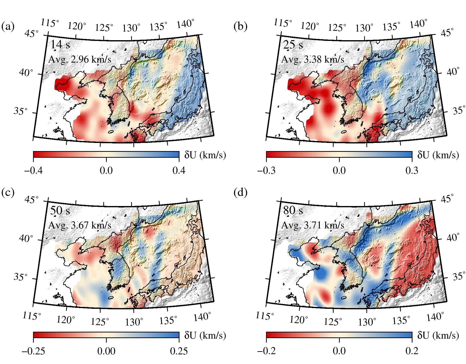 Group velocity distribution maps for 14, 25, 50 and 80 s.