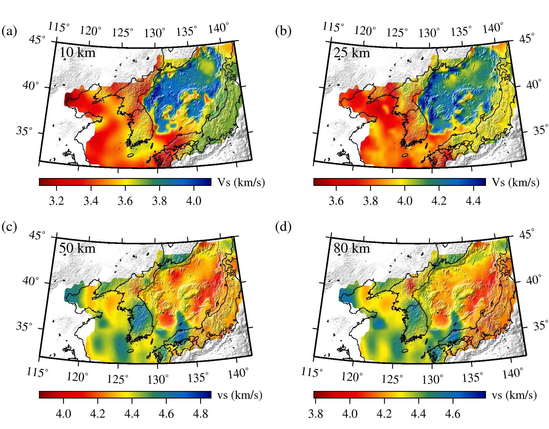 Shear wave velocity maps for 10, 25, 50 and 80 km.