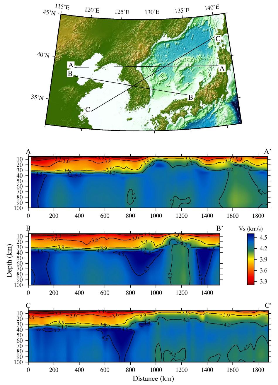 Vertical shear wave velocity sections.