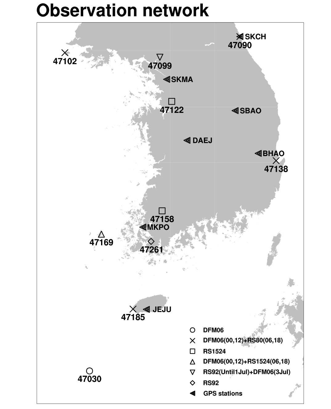 우리나라 라디오존데와 GPS 관측지점 분포.