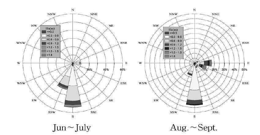 해운대 해수욕장의 여름철 파고와 파향 상관도