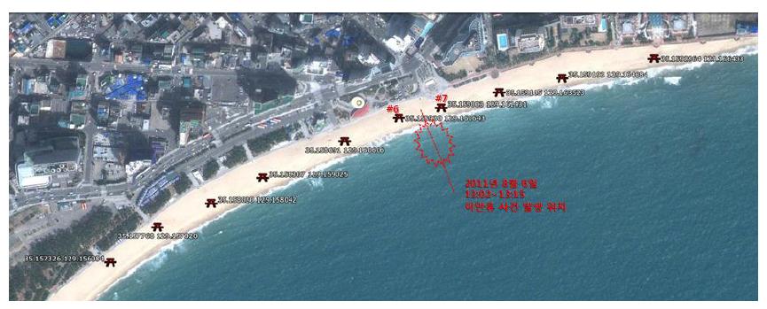 2011년 8월 6일 해운대 해수욕장 이안류 발생 위치
