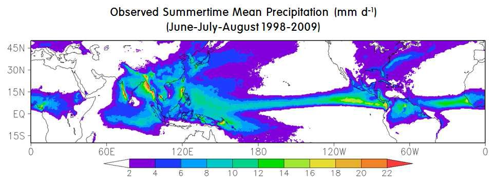 Observed Summertime (June-August) mean precipitation (unit: mm/d) obtained from the TRMM 3B42v6 satellite observations
