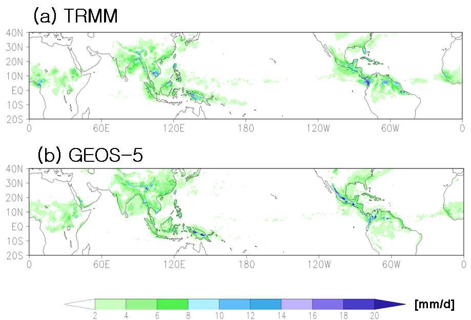 Amplitude of the diurnal cycle of precipitation (mm/d) obtained from (a) TRMM, and (b) GEOS-5 in the 25-km resolution run during JJA 2005-2006.