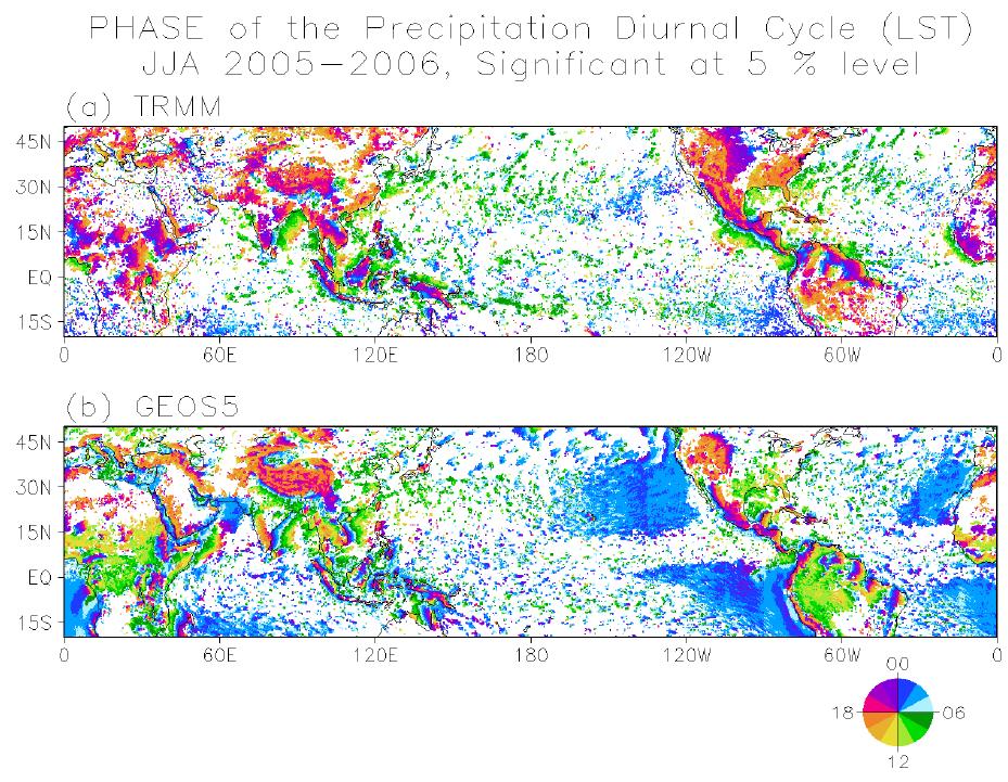 Same as in Fig. 15 except showing only the area where the diurnal cycle of precipitation is defined at 5% significance level.