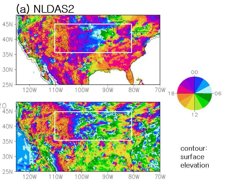 Phase of the diurnal cycle of precipitation (local time) over the North American region obtained from (a) NLDAS2 (b) GEOS-5 in the 15-km resolution run during June-August 2006.