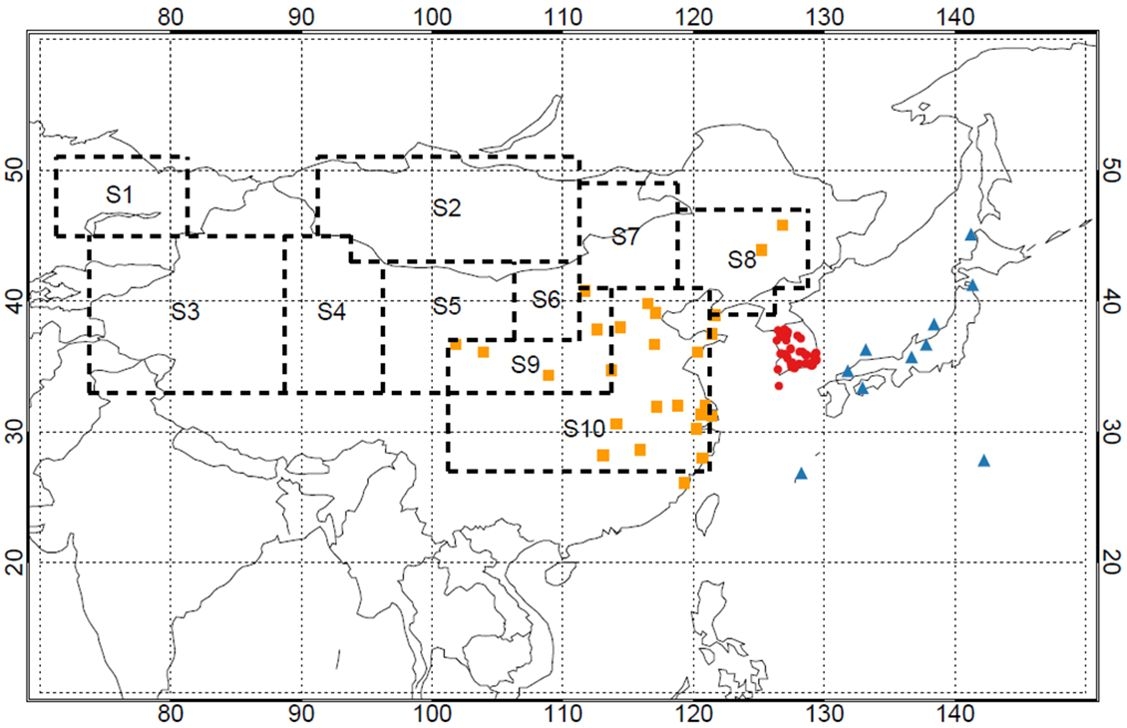 Figure 2.1.1. Dust source regions are divided into 10 source areas (S1 to S10) and the rest of the world (RoW).