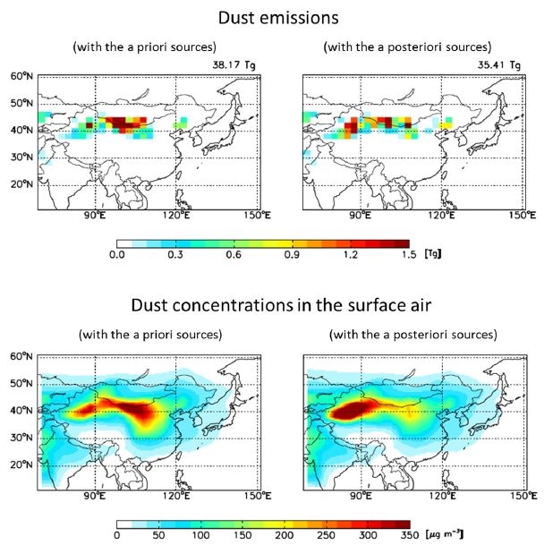 Figure 2.1.5. Simulated dust emissions (upper) and surface air concentrations (lower) of the a priori (left) and a posteriori dust sources (right).