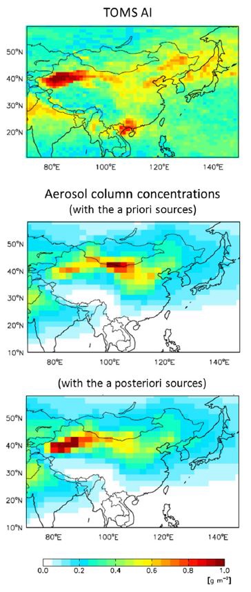 Figure 2.1.6. Aerosol Index (AI) from Total Ozone Mapping Spectrometry (TOMS) versus modeled column concentrations of black carbon and dust aerosols with the a priori and a posteriori dust sources in April 2001