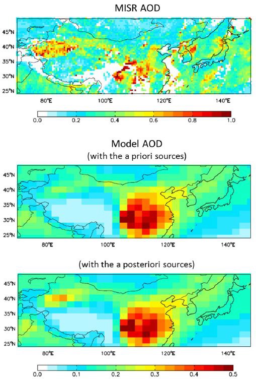Figure 2.1.7. Monthly mean aerosol optical depths (AODs) from the Multi-angle Imaging Spectrometer (MISR) versus model values from the a priori and a posteriori sources in April 2001
