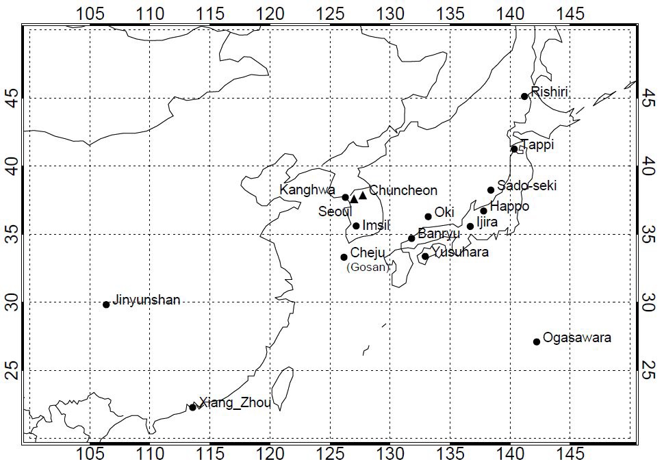Figure 2.2.2. Sites of Acid Deposition Monitoring Network in East Asia (EANET) denoted by solid circles. Solid triangles indicate Seoul and Chuncheon sites where carbonaceous aerosols measurements were conducted.