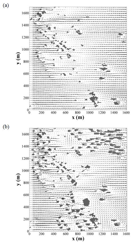 Figure 3.1.6. Wind vectors at z = 17.5 m (a) before and (b) after city reorganization in the case of westerly.