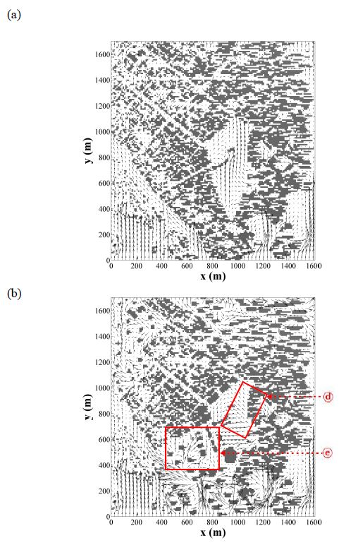 Figure 3.1.7. Wind vectors at a pedestrian level (z = 2.5 m) (a) before and (b) after city reorganization in the case of southerly.