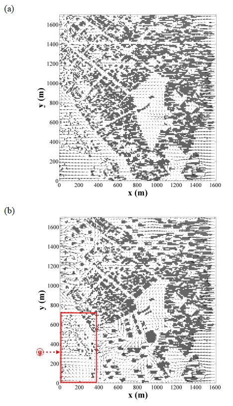 Figure 3.1.9. Wind vectors at a pedestrian level (z = 2.5 m) (a) before and (b) after city reorganization in the case of easterly.
