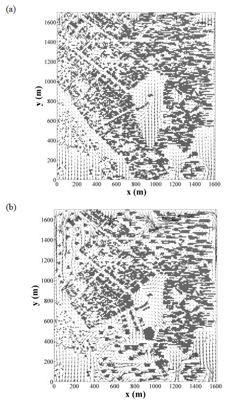 Figure 3.1.11. Wind vectors at a pedestrian level (z = 2.5 m) (a) before and (b) after city reorganization in the case of northerly.