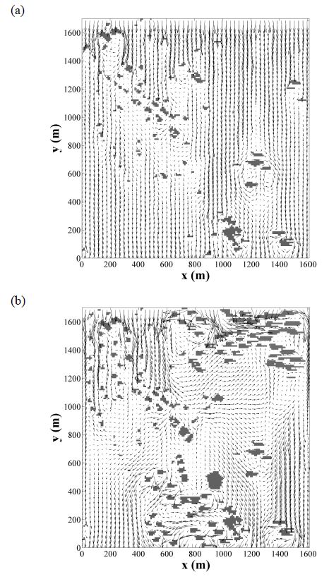 Figure 3.1.12. Wind vectors at z = 17.5 m (a) before and (b) after city reorganization in the case of northerly.