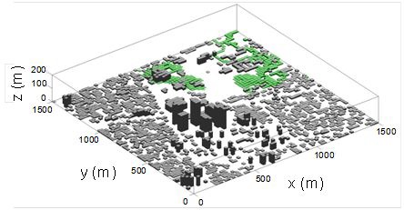 Figure 4.1.2. Three-dimensional numerical topography and buildings of CFD domain shown in figure 4.1.1c.