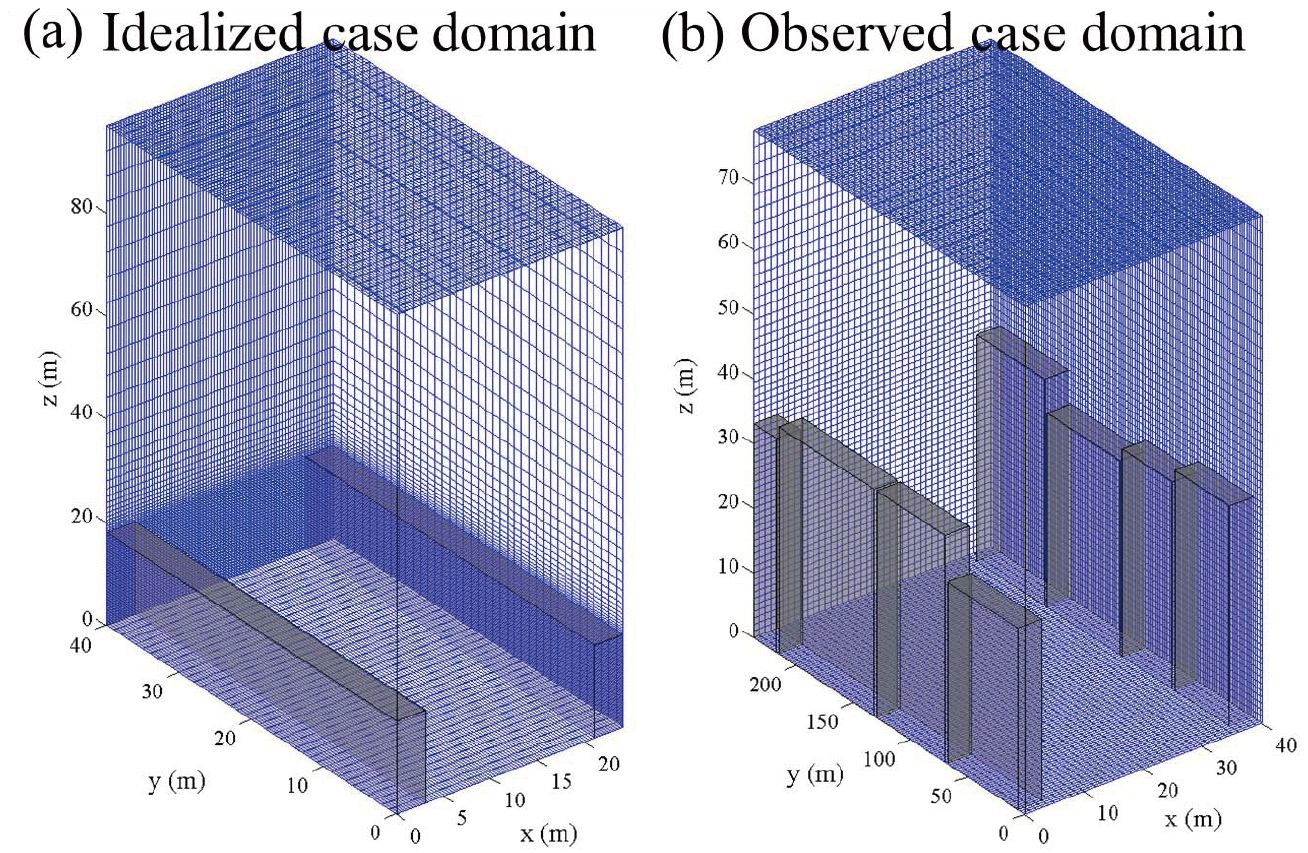 Figure 4.2.1. Schematic diagrams of the coupled chemistry-CFD simulation domains for (a) an idealized case and (b) an observed case, respectively