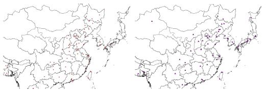 Figure 1.1.14. Location of LPSs (left) and big cities (right) in East Asia