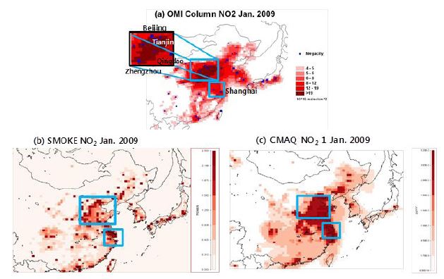 Figure 1.1.24. Spatial distributions of monthly averaged (a) OMI NO2 total VCD column,(b) SMOKE NO2 emissions, and (c) CMAQ NO2 concentration for January, 2009.