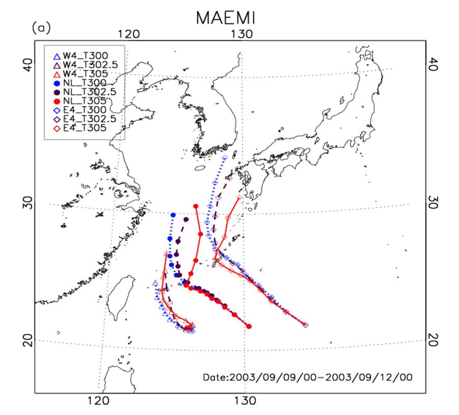 The simulated TC tracks of Maemi for mirror experiments together with different SST from 300K to 305K.